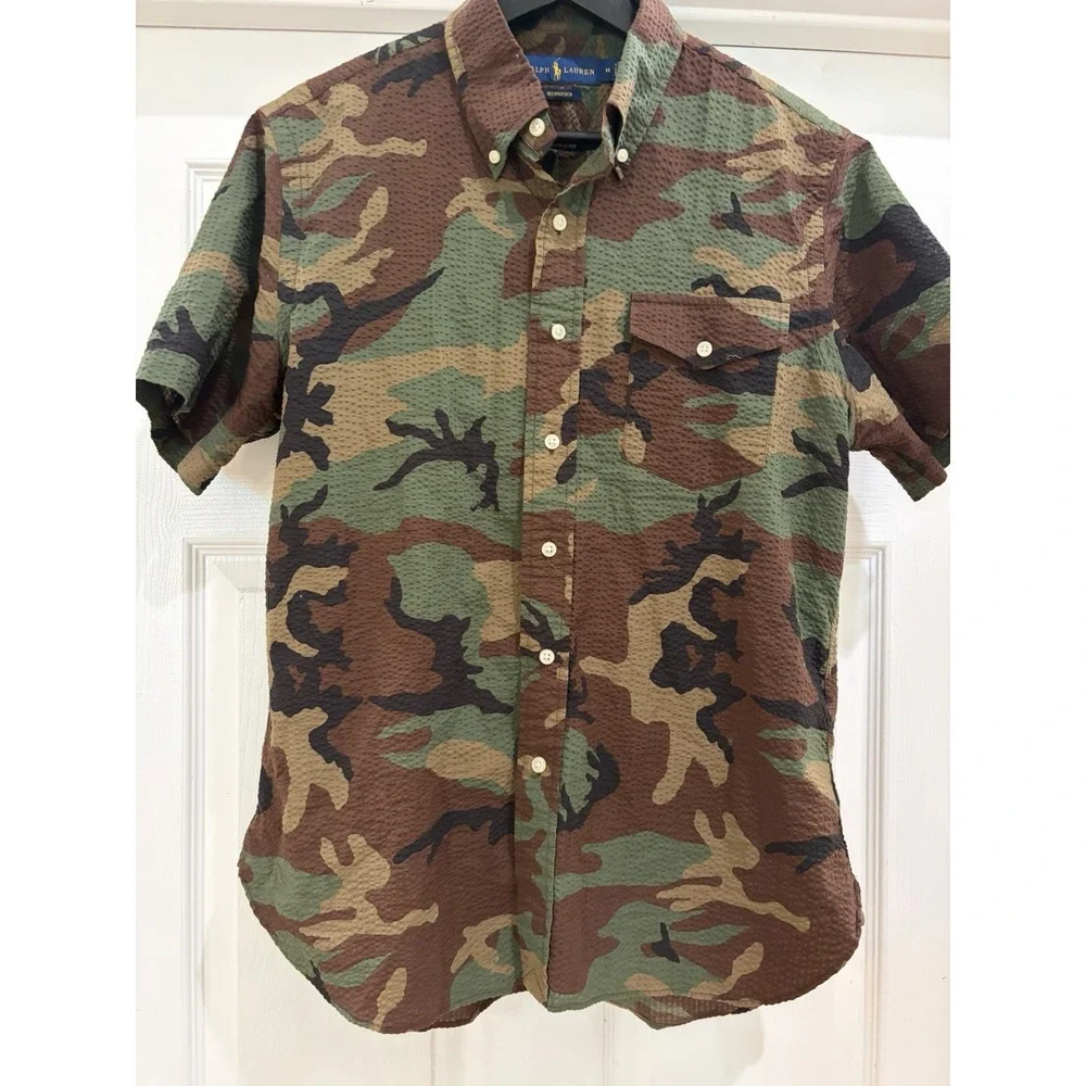 Ralph Lauren Polo Seersucker Camo Shirt Button Down Men Sz M Slim Fit Military